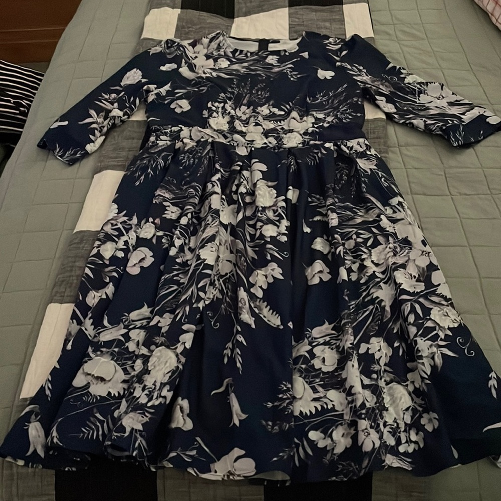 Amazon Navy Blue Floral Midi Dress with White Print